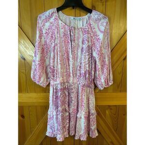 Zara Womens Pink Floral Ruffle 3/4 Sleeve V Neck Mini Dress Size XL (5439)